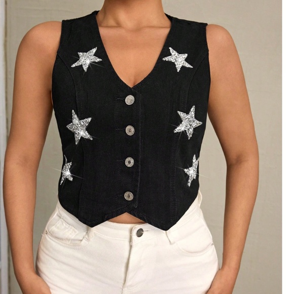 Dark Wash Blue Glitter Star Button Down Denim Jean Western Vest - Picture 12 of 12